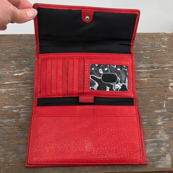 Vintage Fossil Genuine Leather Tri-Fold Checkbook Wallet Red - Picture 2 of 12